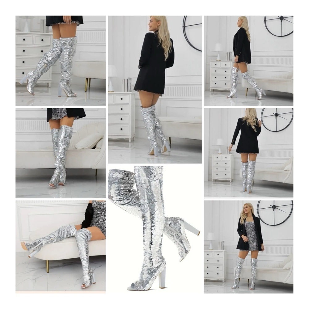 KHPAERMEI Sparkly Thigh High Open Toe Chunky High Heel Boots - Silver Sequin